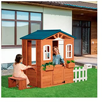 ATAA Maison en Bois pour Enfants Brooklyn - Gris - maisonnette pour Jardin en Bois avec fenêtres et Porte, Maison de Jeux pour Enfant avec Banc, barrière boîte aux Lettres et jardinières