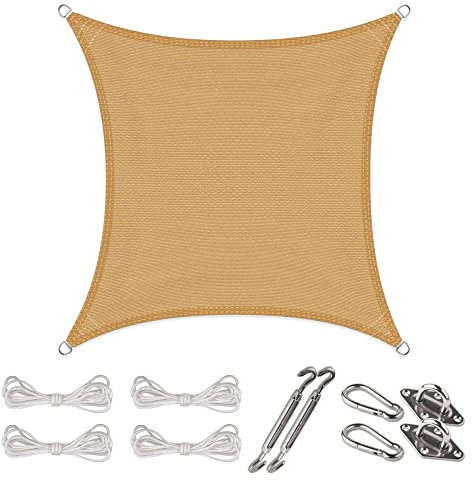 CelinaSun Sonnensegel Set Befestigung V2A Basic HDPE Quadrat 3 x 3 m sandbeige Sonnenschutz atmungsaktiv