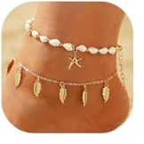 Jovono Boho-Fußkettchen, Seestern-Fußkettchen, goldfarben, mehrlagig, Quaste, Armband, Ketten, Muschel, Fußkette, Feder, verstellbarer Schmuck, 2 Stück, für Damen und Mädchen