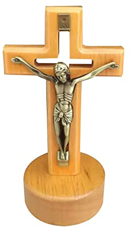 FuBESk 12 cm großes Stehkreuz aus Holz, kleines stehendes Kreuz aus Holz mit Magnetfuß, Heiliges Holz geschnitztes Kreuz mit Metall-Jesus-Statue, Christenkruzifixkreuz für Betetisch, Wand,