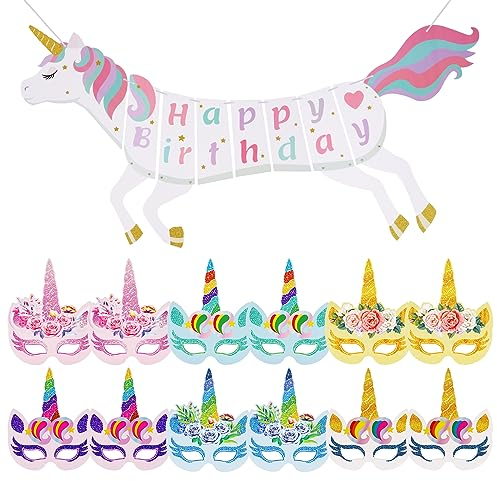 Einhorn Masken Bastelsets+Happy Birthday Banner, 12 Stück Einhornmasken Kreativ Partymasken zum Basteln, Bunt Girlande für Kinder Geburtstage Motto Party Spiele Mitgebsel, Cosplay, Weihnachten