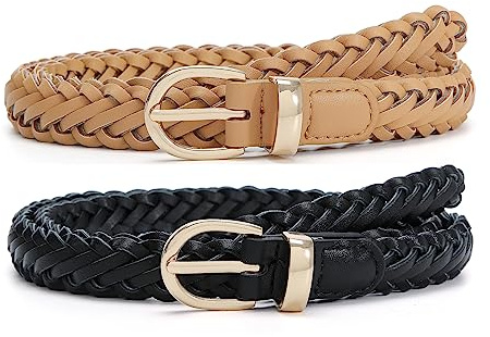 Pettata Thin Braided Belts for Women Skinny Woven Belt Black Beige Medium