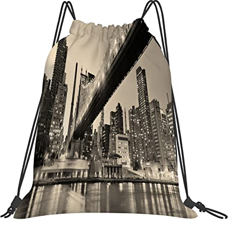 Rucksack mit Kordelzug,New York, Queensboro Bridge, Nacht, Sepia, NY, Kunstdrucke, Städtisch, Aussicht, Stadt, Thema, ,Kordelzug-Sackpack für Sport, Yoga, Reisen, Cinch-Tasche mit Reißverschlusstasche