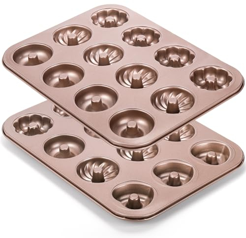 ZOOFOX 2 Pack Mini Donut Pan, 12-Cavity Nonstick Donut Molds for Baking, Heavy Duty Fluted Tube Baking Pan for Bagels, Doughnuts, Biscuit and Cake