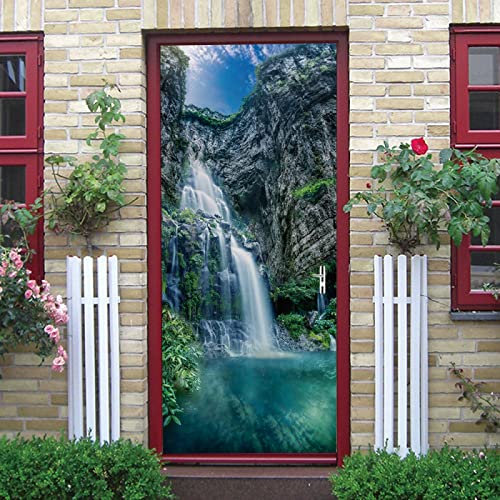 Stickers Porte 3D 77X200Cm Papier Peint Paysage Cascade Ciel Poster De Porte Trompe L'Oeil Pour Maison Décoration Salon Chambre Autocollant Muraux Imperméable Stickers Amovibles