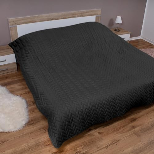 Tagesdecke (Schwarz) 220x240 cm mit wattierter Zwischenlage, Bettüberwurf - Überwurfdecke, Sommerdecke gesteppt - Steppdecke, Wendedecke