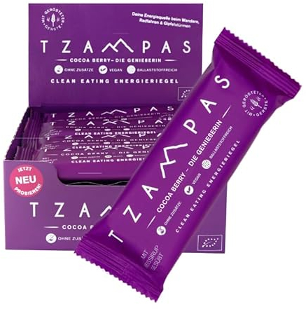 TZAMPAS Energieriegel Cocoa Berry (16x40g) - Energy Bar aus gerösteter Gerste mit Kakao und Johannisbeere - Power Riegel | Energieriegel Radsport geeignet - Bio Riegel vegan & ohne Zusätze