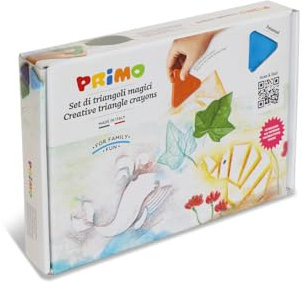PRIMO – Farbige Wachsmalstifte, 8 Farben für Kinder ab 3 Jahren, Dreikant, Langlebig und Resistent + 6 Stencil, Intensive Pastellfarbe für Schreibwaren und Kreative Arbeiten, Keine Schmutzigen Hände