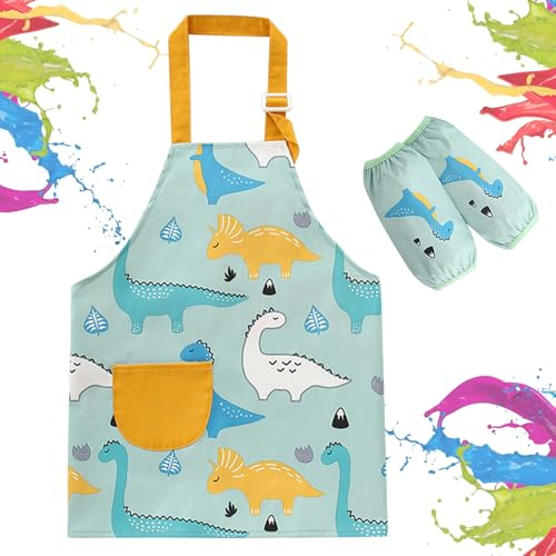 Lvjkes Malschürze, Malerei Schürze Set mit Tasche und 2 Ärmel, verstellbare wasserdicht Kinder Künstler Schürze, Alter Junge und Mädchen für Wasser spielen, Essen