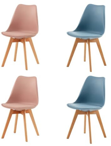 EGGREE Set di 4 Sedie Sala da Pranzo Sedie da Cucina con Gambe in Legno, Sedie Ufficio Imbottita in Pelle PU Moderne Design, 2 Rosa e 2 Morandi Azzurro