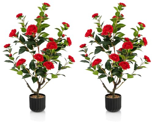 RELAX4LIFE 2er Set Kunstpflanze, Künstlicher Kamelienbaum 95 cm, Künstliche Pflanze im Topf, Kunstbaum mit 24 Blüten, Kamelienpflanze Blumenpflanze für den Innen- & Außenbereich (Rot)