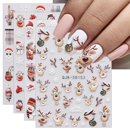 JMEOWIO 3D Nagelsticker Weihnachten Nail Art Sticker Selbstklebend Nagelaufkleber 5D Stereoskopisch Schneeflocke Xmas Winterurlaub Niedlich Dekoration Nageldesign Zubehör 4 Blatt