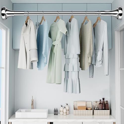 Tringle Penderie Tringle Télescopique Pour Cintre à Vêtements en Argent Ronde, Acier Inoxydable Organiseur de Vêtements pour Garde-robe pour Salle de Bain, Tringle à Rideau de Douche(1.5 - 2.2m (4.9 -