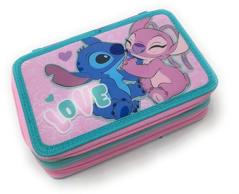 L'ERBAVOGLIO Original Schulbag mit 3 Reißverschlüssen, komplett mit 44 Teilen, Stitch & Angel