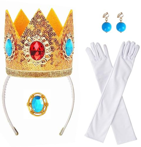 Prinzessin Peach Kostüm Zubehör, 4 Stück Peach Kostüm Damen Accessoires mit Prinzessin Peachkrone, Ohrringe Handschuhe Brosche, Princess Peach Kostüm Damen Cosplay Dress Up für Karneval Halloween