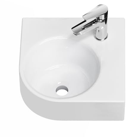 EMKE Lavabo 44 x 38.5 x 15.5 cm, Petit Lavabo Triangulaire à Poser, Installation Murale, Vasque Suspendue pour WC Invités et Salle de Bain, Blanc Brillant