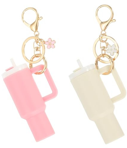 PATIKIL Mini Tumbler Keychain, 2Pcs Mini Cup Keychain Lip Balm Holder Cute Charm Key Chain for Backpack Charm Women Purse Handbags, Pink, White Flower
