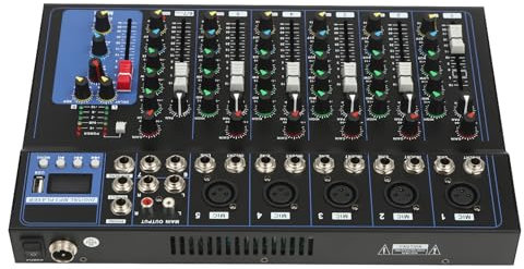 Professional Bluetooth Audio Mixer 7-Channel DJ Mixer Sound Board with USB Sound Mixing Console 3 Band Equalizer and 48V Phantom Power for DJ Recording Studio Home Karaoke.