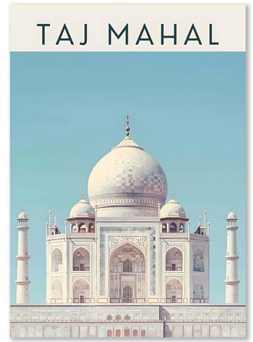 Happymotive Städteposter | Taj Mahal Indien Retro Poster Vintage | Schlafzimmer Deko Bild im Hochformat | Bilder Wohnzimmer | Kunstdrucke in A2 40x60, A3 30x40, A4 20x30 300g Papier ohne Rahmen
