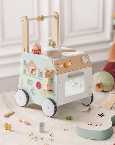 ROBUD Hölzerne Lauflernhilfe, verstellbare Lauflernhilfe mit sensorischem Spiel und Aufbewahrungskorb, Höhen- und Geschwindigkeitsregulierung, vorbeugende Bogenbeine, für Kleinkinder 10M-36M