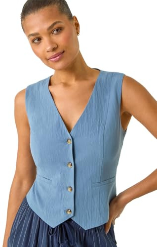 Roman Originals Cotton V-Neck Button Through Waistcoat for Women UK - Ladies Everyday Holiday Spring Summer V-Neckline Comfy Soft Evening Vacation Work Party - Denim - Size 18