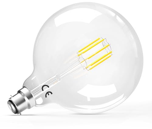 Luxvista B22 G125 Large Light Bulb, Dimmable BC Bayonet Cap LED Filament Bulbs Cool White 6000K 8W(60W Equivalent) Vintage Decorative Clear Glass Globe 800LM, 1-Pack