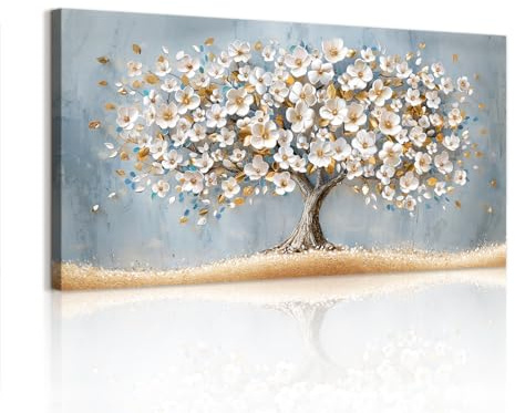 WENGTIAO Stampa su Tela Floreale Albero Della Vita Incorniciato Grande | Quadro su Tela Estetica Oro Bianco Fiore Albero Pittura Quadri Moderni Soggiorno Camera da Letto Decorativo Parete 100x50 cm