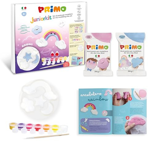 PRIMO Junior Kit – Pâte à Modeler Autodurcissante Testée, Set de 2 Pains Type Argile à Modeler, Peintures de 7 Couleurs, 1 Pinceau Peinture, 1 Moule et Livret, Art et Jeu Éducatif Enfant