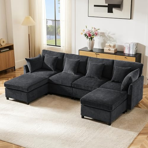 Ball & Cast U-förmiges Eckcouch mit Schlaffunktion, 4-Sitzer Sofa mit 2 Fußhocker für das Wohnzimmer Wohnung Villa, 278 x 81 x 161 (BxHxT), Grau