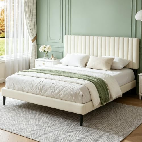 viplov Double Bed Frame with Velvet Upholstered Headboard, King Bed Frame with Strong Wood Slats, Mattress Foundation, Box Spring Optional, Easy Assembly, Beige