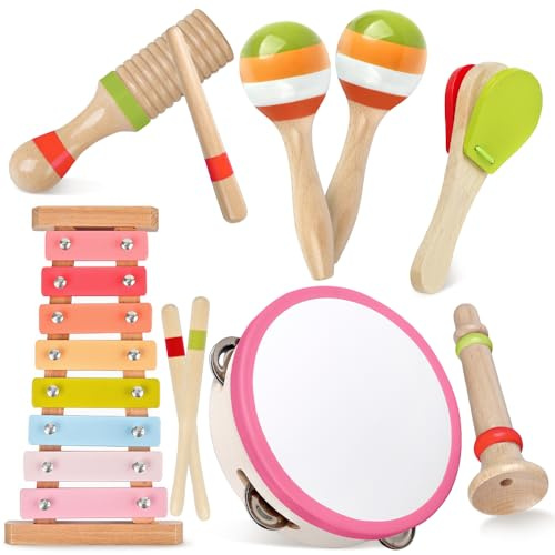 6-in-1 Montessori Holz-Musikset in Rosa: sicher & lernfördernd, 1-3 Jahre | 6-in-1 Xylophon & Percussion-Set: fördert Rhythmus, Klang & Feinmotorik, Geschenk für Mädchen ab 1 Jahr