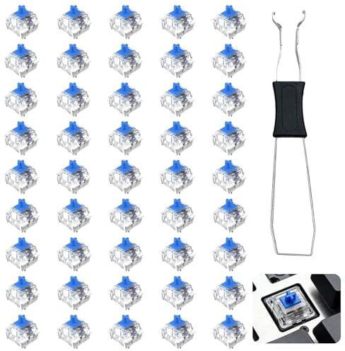 45 Stück Blue Keyboard Switches, 3-Pin mit Switch-Puller | Staubgeschützte 3-Pin-Schalter für mechanische Tastaturen mit taktilem Klickgefühl; inklusive Zieher für schnellen Austausch.