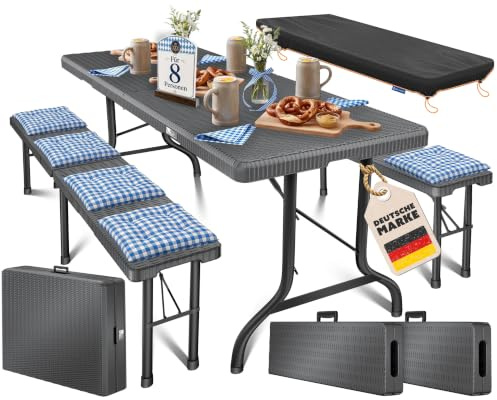 KESSER® Bierzeltgarnitur 3er Set, Klapptisch + 2X Sitzbank – Gartenmöbel Set für 8 Personen, 183x76x74cm, Bierbankgarnitur für Garten, Balkon, Camping & Party, Abdeckung & Kofferfunktion, Anthrazit