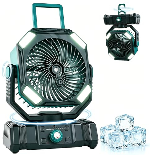 The Fellie Camping Fan with LED Light, 20000mAh Battery Rechargeable, 200ML Water Tank, Camping Misting Fan with Remote & Hanging Hook, Outdoor Tent Cooling Fan for Home Office Garden Travel, Green