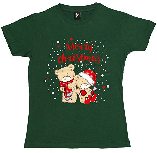 Fancy A Snuggle Merry Christmas Teddy Bears Wearing Xmas Scarf Gloves & Hats Womens Boyfriend Fit T-Shirt Bottle Green XL