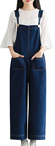 Donna Salopette Pantaloni Larghi Elegante Baggy Jeans Tuta Jumpsuit Blu Scuro L