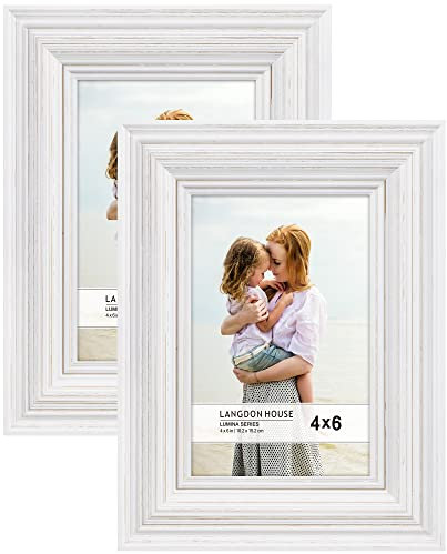 Langdon House - 6x4 Real Wood Picture Frames - Weathered White - Gold Accents, 2 Pack - French Country Style Wooden Photo Frame 6 x 4 - Lumina Collection