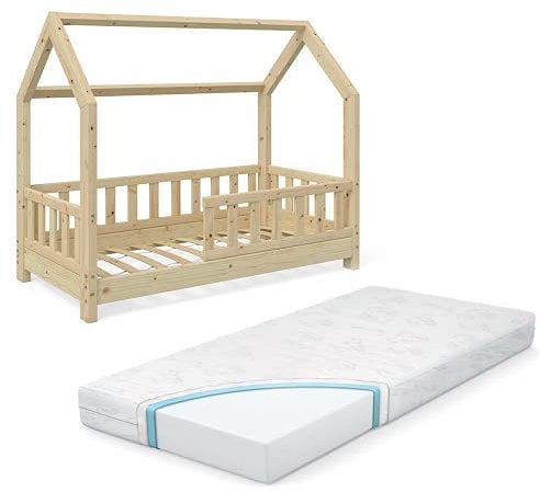 VitaliSpa Hausbett Wiki, Bett aus Holz, Naturholz, 70x140 cm mit Matratze