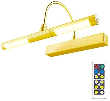BIGLIGHT Drahtlose Bildleuchte mit Fernbedienung, Batteriebetriebene Drahtlose Wandleuchte, 13 Zoll 180° Drehbarer Lampenkopf mit 3-Beleuchtungsmodi, Dimmbares Display-Golden