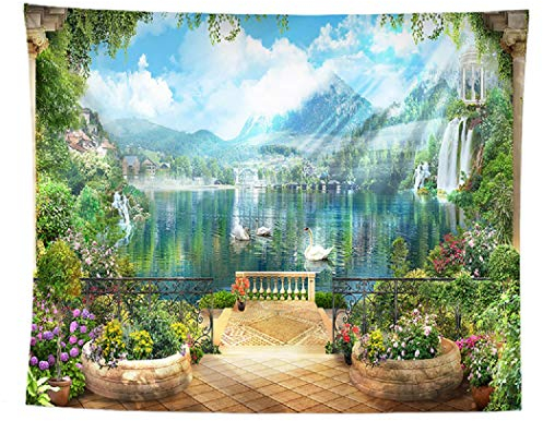 izielad Balkon See Schwan Blumen Berg Schlafzimmer Wohnzimmer Wohnheim Wandbehang Tapisserie 180X230CM 70.8X90.5IN