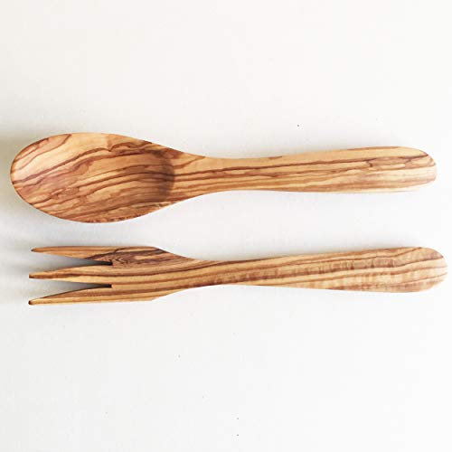 Lot de 2 couverts à salade - Longueur au choix - Cuillère à salade - En bois d'olivier - Fait à la main, Bois d'olivier, marron, Klein: 25 cm