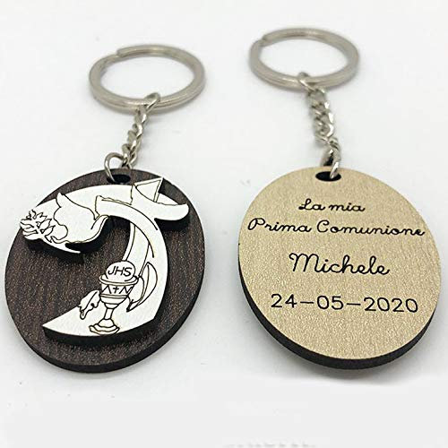Lot de 20 porte-clés avec pendentif en bois en forme de croix avec calice et hostie personnalisables, bonbonnières originales pour première communion, sans personnalisation, avec boîte orange