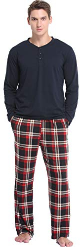Vlazom Herren Pyjama Set Lang Zweiteiliger Schlafanzug Herren Kariert Flanell Hose und einfärbiger T-Shirt(M,Stil B-Dunkelblau Top+Rot Karierte Hose)