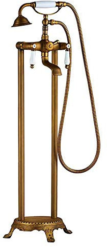 GLYYR Antico Rubinetto per Vasca Cascata Freestanding Miscelatore Vasca da Bagno con Soffione a Mano, Ottone Rubinetto per Vasca da Bagno da Pavimento,Antique Brass c