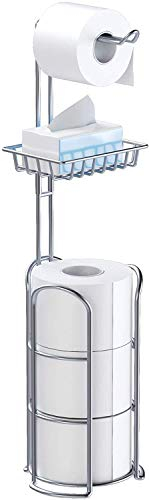 TreeLen Chrome Freestanding Toilet Paper Roll Holder with Shelf, Modern Metal Bathroom Tissue Storage Rack