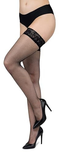 looksy Calze autoreggenti a rete italiane con parte superiore in pizzo Lingerie a rete in nylon trasparente Calze sexy con diamanti in silicone alti alla coscia, Nero M/L