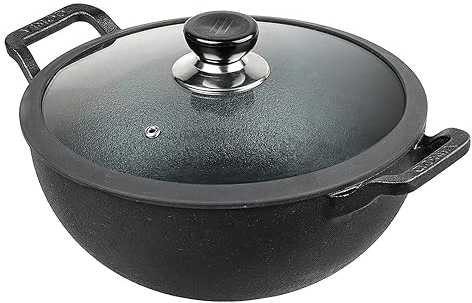 Vinod Non Stick Induction Hob Wok with Lid - Deep Stir Cast Iron Kadai Pan with Lid - 24cm, 3.3 Litre