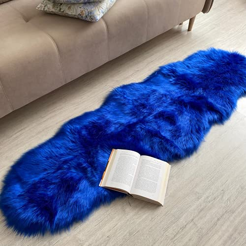 MRDANVAL Blauer Fellteppich für Schlafzimmer,Premium weicher Kunstfell-Teppich für Wohnzimmer,Großer blauer Zottelteppich,Weicher Fellbereich Teppich (2x6 Fuß Schaffell, Blau)