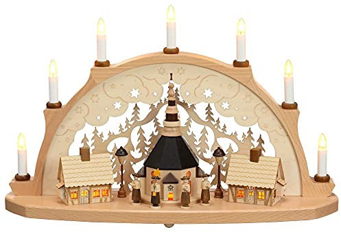 Rudolphs Schatzkiste Schwibbogen Spielzeugdorf Seiffen mit Kirche EL. Beleuchtung BxHxT 53x33x14cm NEU Lichterbogen Fensterbogen Spitzbogen Erzgebirge Weihnachten Bergbau Bergmann Licht Holz