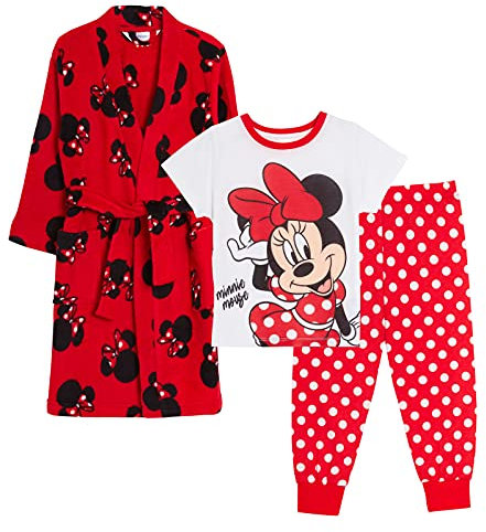 Disney Girls Minnie Mouse Pyjamas + Bath Robe Matching Nightwear Set Pjs + Dressing Gown 7-8 Years Red